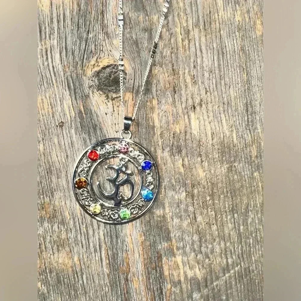 925 sterling silver chain,multi color stone pendant yoga Aum mediation - Picture 11 of 16